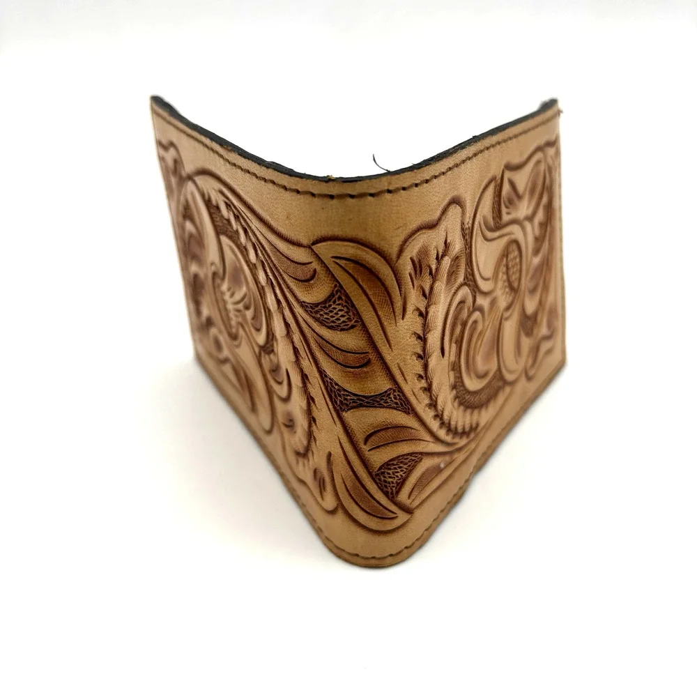 Vintage 80s 90s Handmade Floral Tooled Tan Genuine Leather Men's Bifold Wallet